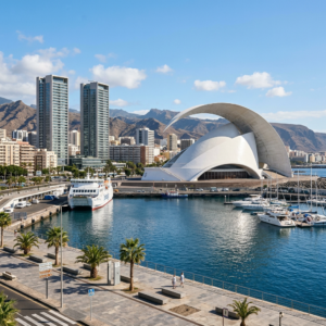 Auditorio de Tenerife next to harbor with boats and high-rise buildings in Santa Cruz