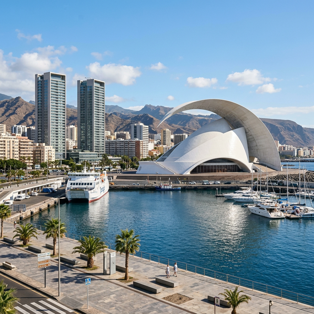 Auditorio de Tenerife next to harbor with boats and high-rise buildings in Santa Cruz