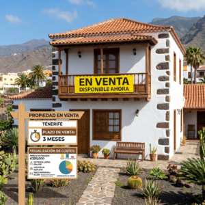 White two-story house in Tenerife with For Sale sign and property cost details